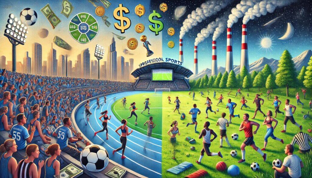 A thought-provoking illustration contrasting the world of professional sports with recreational sports. On one side, a vibrant, competitive stadium